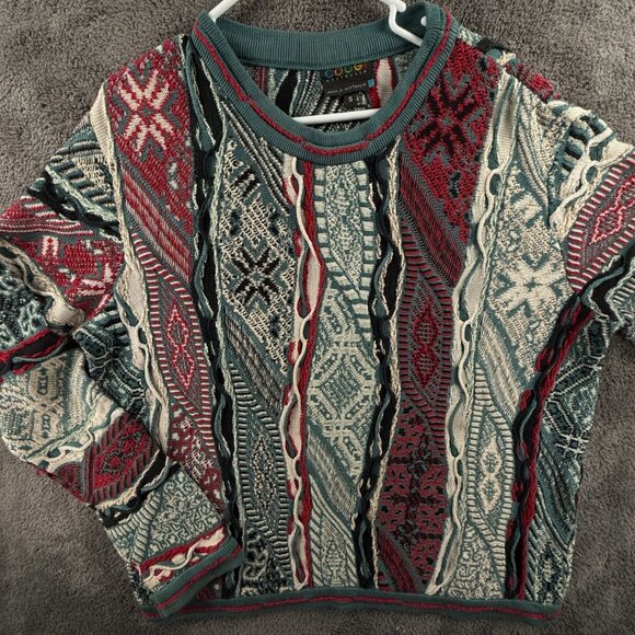 COOGI Sweater Men Knit Colorful Intricate Small Red Blue Geometric Cotton Blend